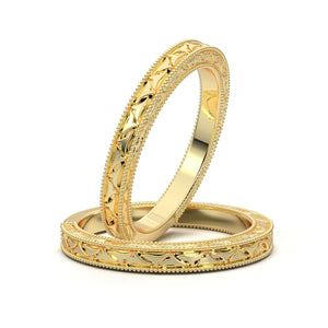 Engraved Wedding Band, Vintage Art Deco Ring, 14K White Gold Ring, Flat Straight Wedding Ring, Antique Style Women&#39;s Wedding Band, Gift