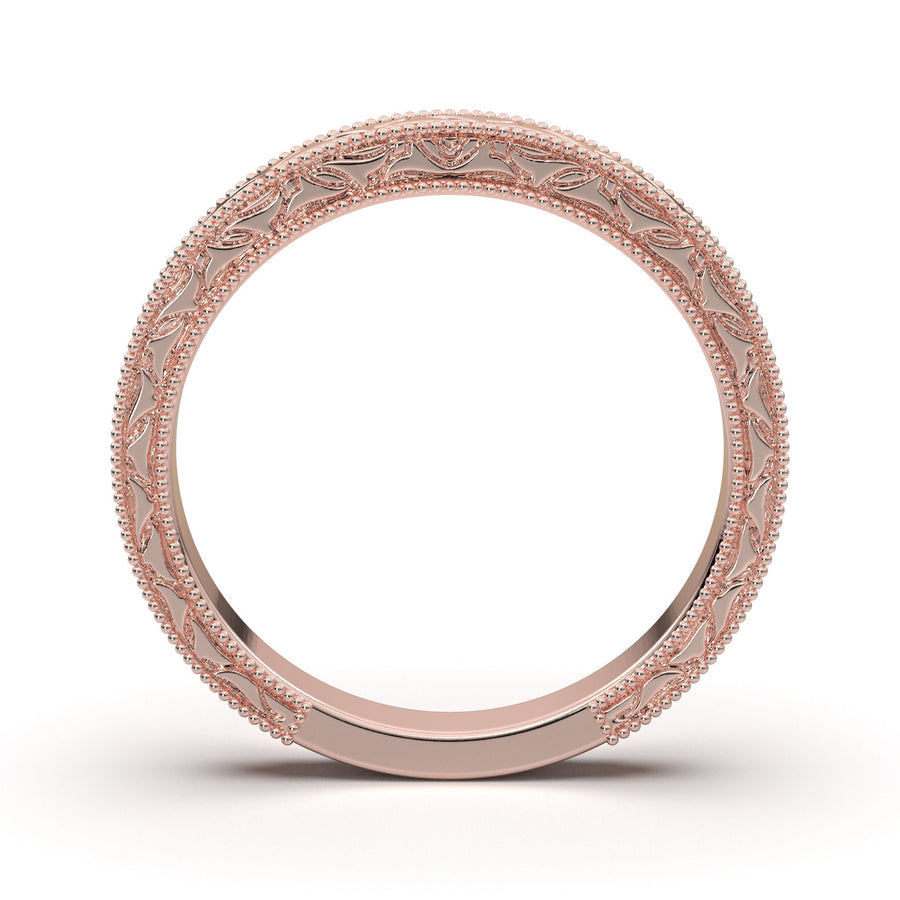 Engraved Wedding Band, Vintage Art Deco Ring, 14K Rose Gold Ring, Flat Straight Wedding Ring, Antique Style Women's Wedding Band, Gift