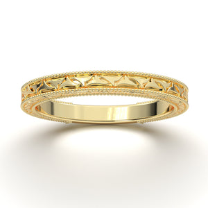 Engraved Wedding Band, Vintage Art Deco Ring, 14K Yellow Gold Ring, Flat Straight Wedding Ring, Antique Style Women's Wedding Band, Gift