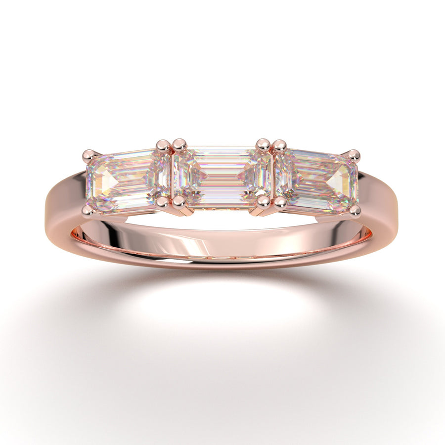 Rose Gold Wedding Band, Emerald Cut Band, 5x3 EC Women Engagement Three Stone Band, Stackable Band, Forever One Moissanite Band, Prong Band