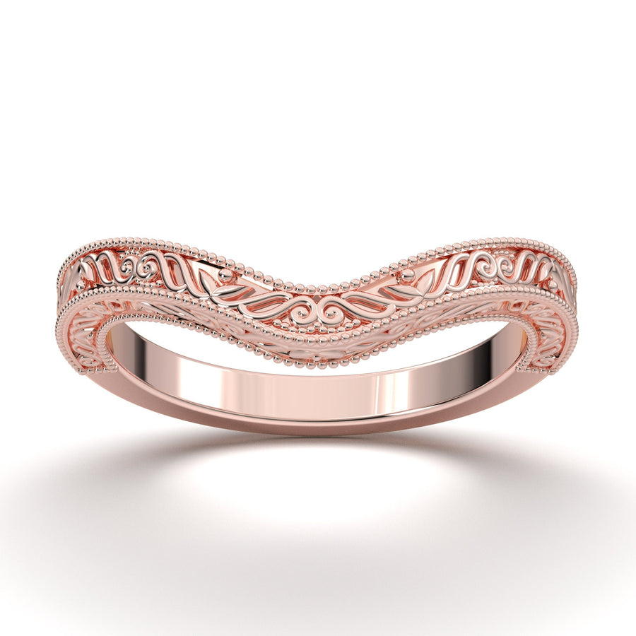 V Shape Wedding Ring, Engraved Wedding Band, 14K Rose Gold Ring, Vintage Style Wedding Ring, Curved Milgrain Wedding Ring, Anniversary Band