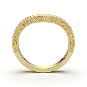 V Shape Wedding Ring, Engraved Wedding Band, 14K Solid Gold Ring, Vintage Style Wedding Ring, Curved Milgrain Wedding Ring, Anniversary Band