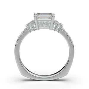 14k Emerald Cut East West Engagement Ring White Gold Ring Forever One Colorless Halo Ring for Her Moissanite Forever One Three-Stone Ring