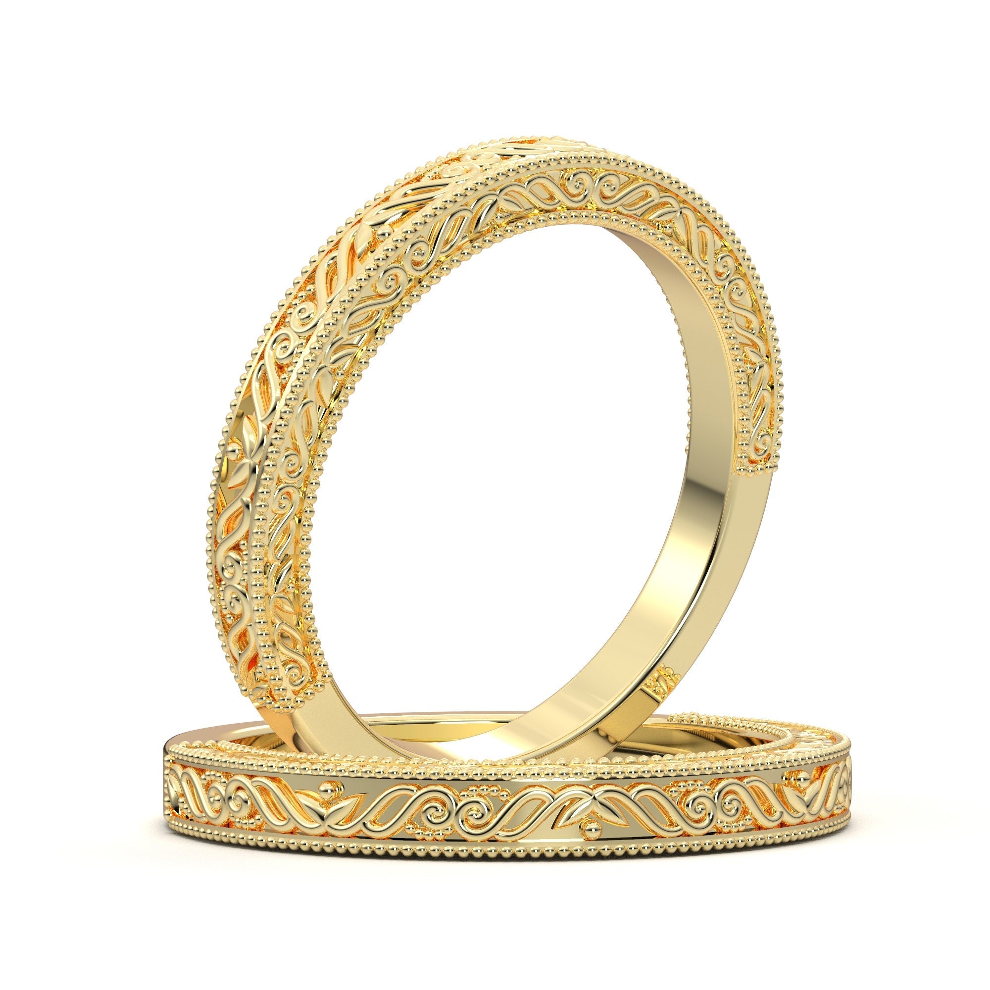 14K Yellow Gold Wedding Band, Vintage Art Deco Ring, Engraved Wedding
