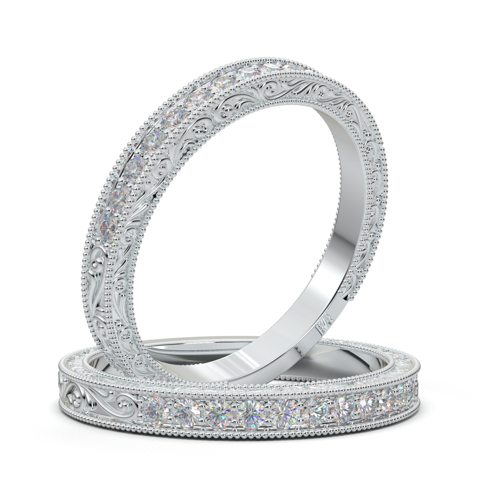 14K White Gold Art Deco Diamond Milgrain Wedding Band