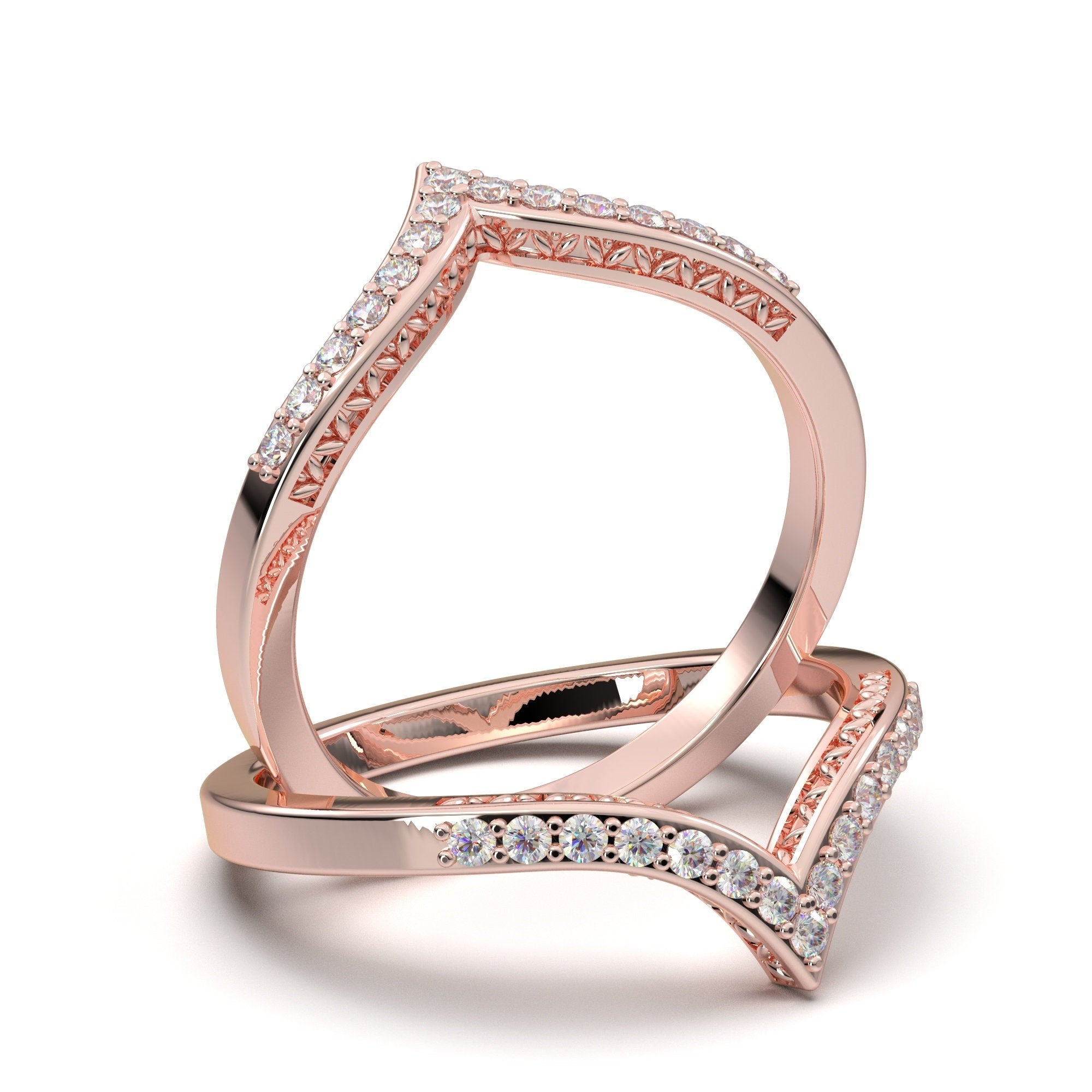 Rose Gold Wedding Band Women Curved Diamond Stack Ring Guard 