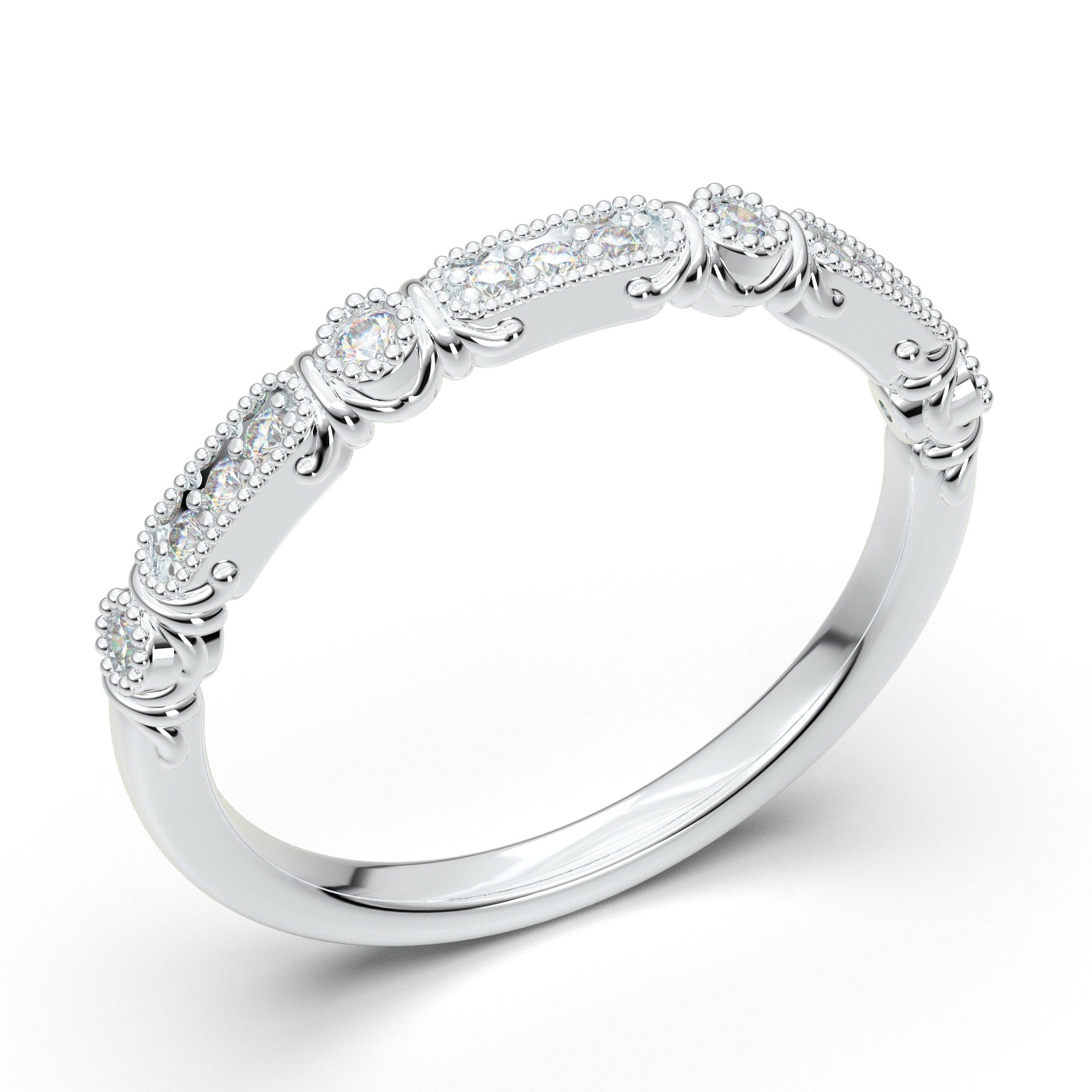 14K White Gold Ring for Women, Wedding Band, Vintage Art Deco Band, St