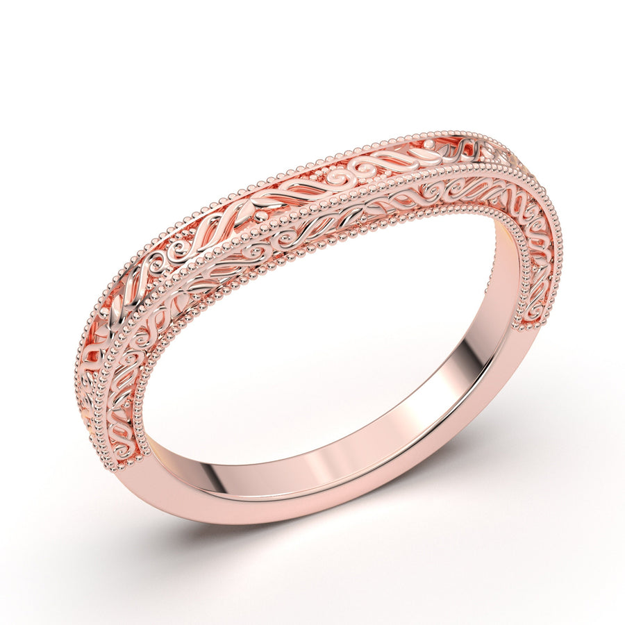 Thin Wedding Ring, Engraved Wedding Band, Curved Delicate Band, Contour Wedding Ring, Scroll Carved Band, 14K Rose Gold Nickel Free Platinum