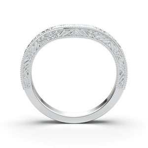 V Shape Wedding Ring, Engraved Wedding Band, 14K White Gold Ring, Vintage Style Wedding Ring, Curved Milgrain Wedding Ring, Anniversary Band