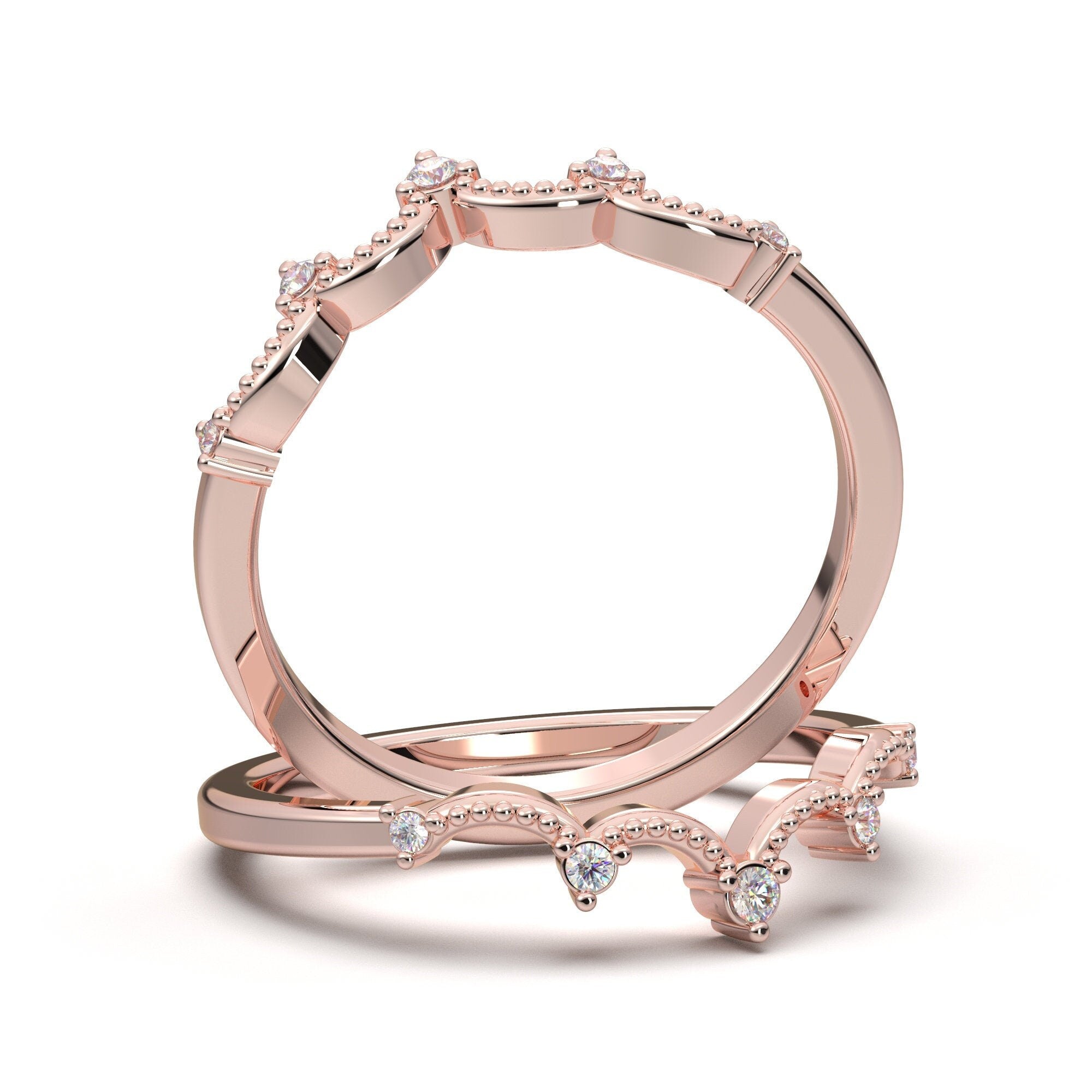 14K Rose Gold Ring Curved Wedding Band Women Vintage Style Wedding Ring Tiara Crown Band V Pointed Milgrain Band Contour Wedding Ring