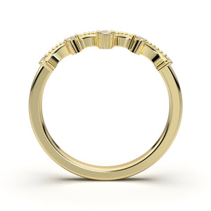 14K Yellow Gold Ring, Curved Wedding Band Women, Vintage Style Wedding Ring, Tiara Crown Band, V Pointed Milgrain Band, Contour Wedding Ring