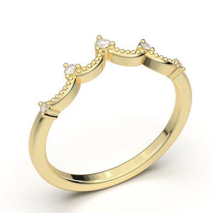 14K Yellow Gold Ring, Curved Wedding Band Women, Vintage Style Wedding Ring, Tiara Crown Band, V Pointed Milgrain Band, Contour Wedding Ring
