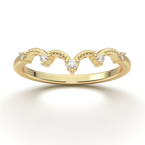 14K Yellow Gold Ring, Curved Wedding Band Women, Vintage Style Wedding Ring, Tiara Crown Band, V Pointed Milgrain Band, Contour Wedding Ring