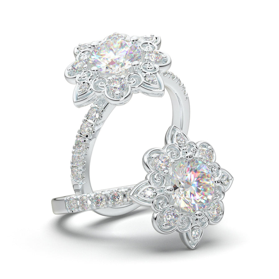 Round Halo Engagement Ring, Art Deco Ring, Moissanite Wedding Ring, Vintage Style Ring, Promise Ring, 14K White Gold Ring, Anniversary Gift