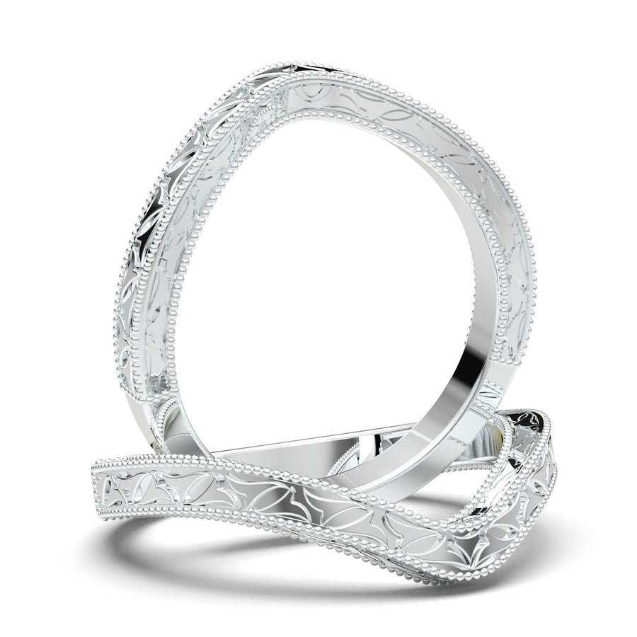 Contour Wedding Ring, Engraved Wedding Band, V Pointed Ring, Vintage Style Wedding Band, Curved Wedding Ring, 14K White Gold Matching Band