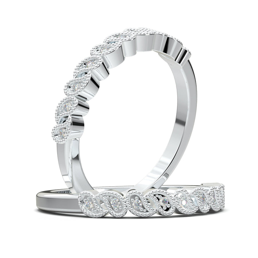 Art Deco Wedding Band, White Gold Vintage Ring, Half Eternity Diamond Band, Floral Milgrain Ring, Bridal Band, Matching Anniversary Ring