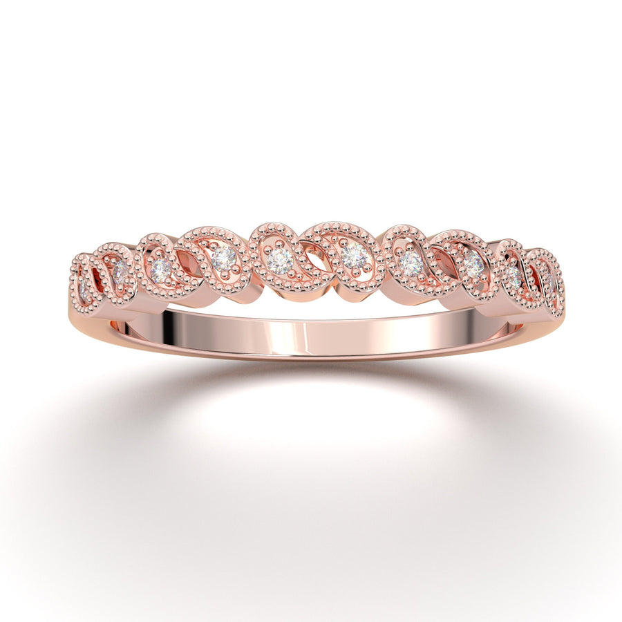 Art Deco Wedding Band, Rose Gold Vintage Ring, Half Eternity Diamond Band, Floral Milgrain Ring, Bridal Band, Matching Anniversary Ring