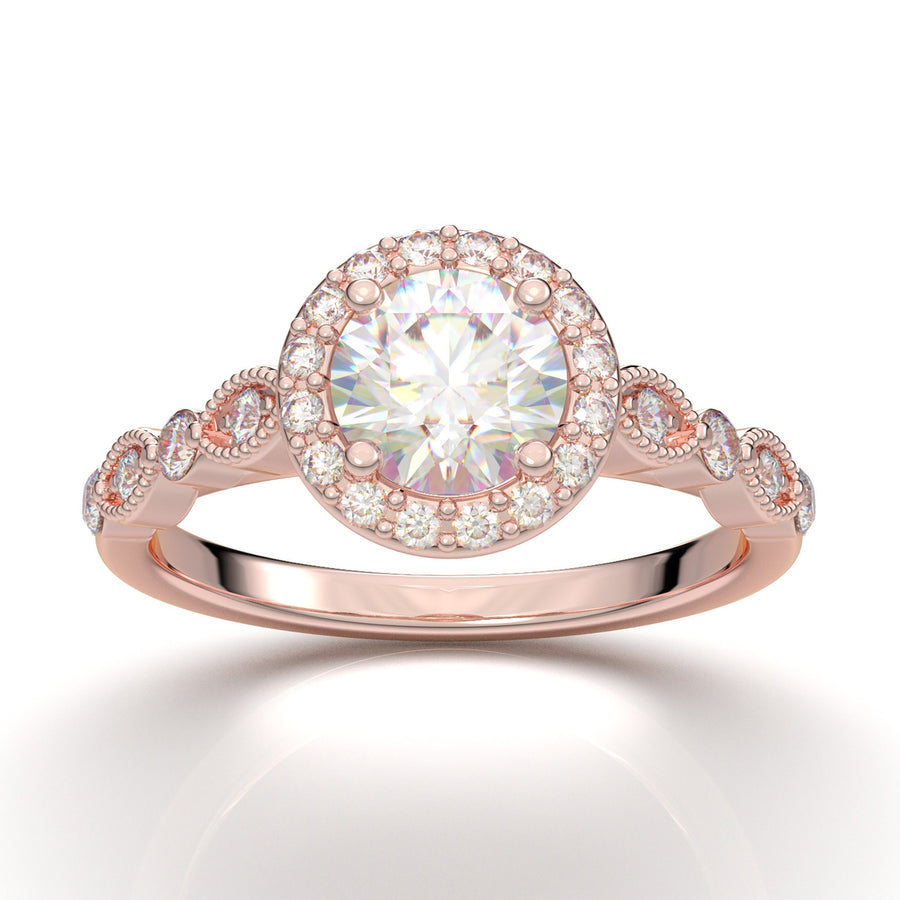 14K Rose Gold Ring- Round Halo Engagement Ring - Art Deco Wedding Ring - Halo Ring - Vintage Style Ring - Promise Ring - 1 Carat