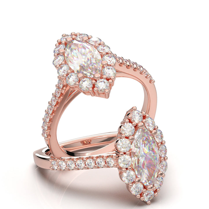 Marquise Cut Engagement Ring, 14K Rose Gold Moissanite Ring, Halo Wedding Ring, Art Deco Diamond Ring, Promise Ring, Statement Ring Women