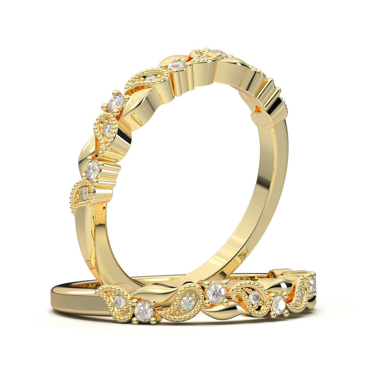 Art Deco Vintage Leaf Wedding Band, Solid Gold Floral Ring, Leaf Diamond Wedding Band, Vintage Diamond Ring, Layering Vine Band, Twig Ring