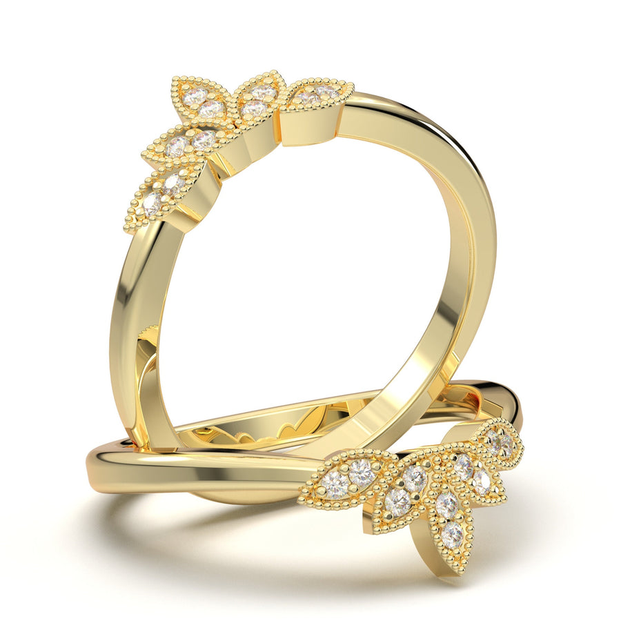 Tiara & Crown Dainty Wedding Band, V Curved Wedding Ring, White Gold Diamond Stacking Band, Art Deco Crown Ring, Milgrain Ring Enhancer Gift