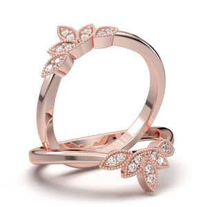 Tiara & Crown Dainty Wedding Band, V Curved Wedding Ring, White Gold Diamond Stacking Band, Art Deco Crown Ring, Milgrain Ring Enhancer Gift