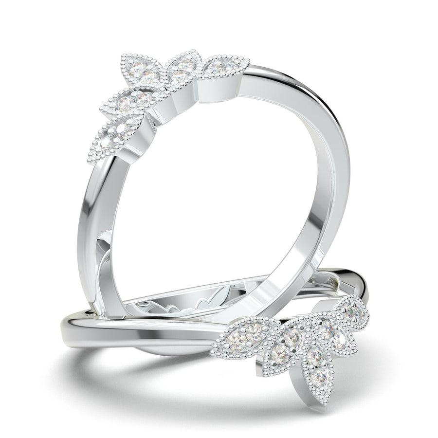 Tiara & Crown Dainty Wedding Band, V Curved Wedding Ring, Solid Gold Diamond Stacking Band, Art Deco Crown Ring, Milgrain Ring Enhancer Gift