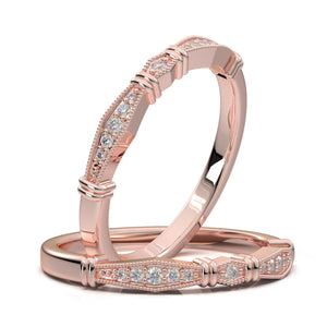 14K Rose Gold Ring, Wedding Band For Women, Art Deco Vintage Ring, Stacking Band, Diamond Wedding Ring, Matching Band, Anniversary Gift