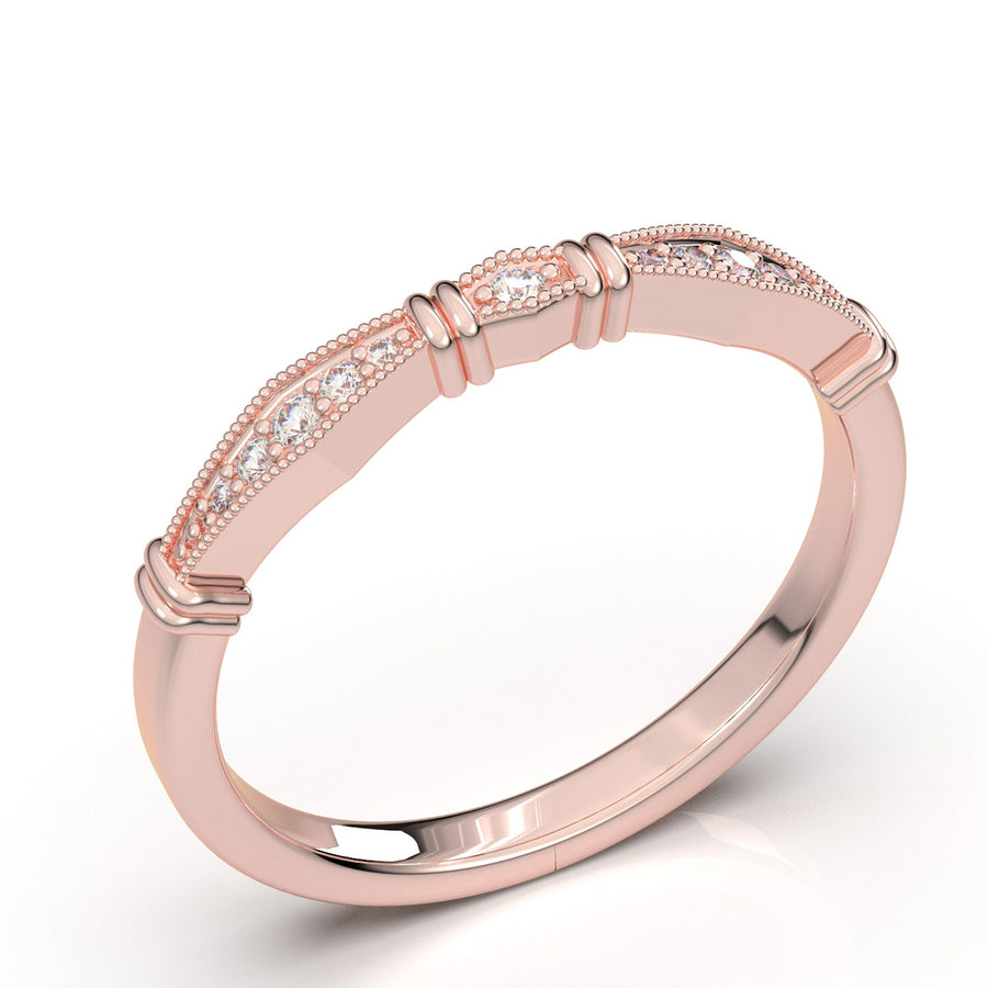 14K Rose Gold Ring, Wedding Band For Women, Art Deco Vintage Ring, Stacking Band, Diamond Wedding Ring, Matching Band, Anniversary Gift