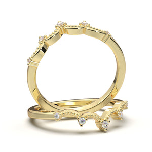 14K White Gold Ring, Curved Wedding Band Women, Vintage Style Wedding Ring, Tiara Crown Band, V Pointed Milgrain Band, Contour Wedding Ring