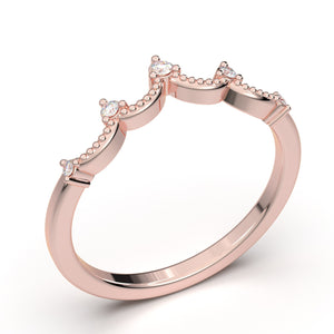 14K Rose Gold Ring, Curved Wedding Band Women, Vintage Style Wedding Ring, Tiara Crown Band, V Pointed Milgrain Band, Contour Wedding Ring