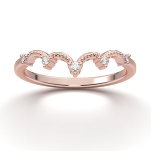 14K Rose Gold Ring, Curved Wedding Band Women, Vintage Style Wedding Ring, Tiara Crown Band, V Pointed Milgrain Band, Contour Wedding Ring