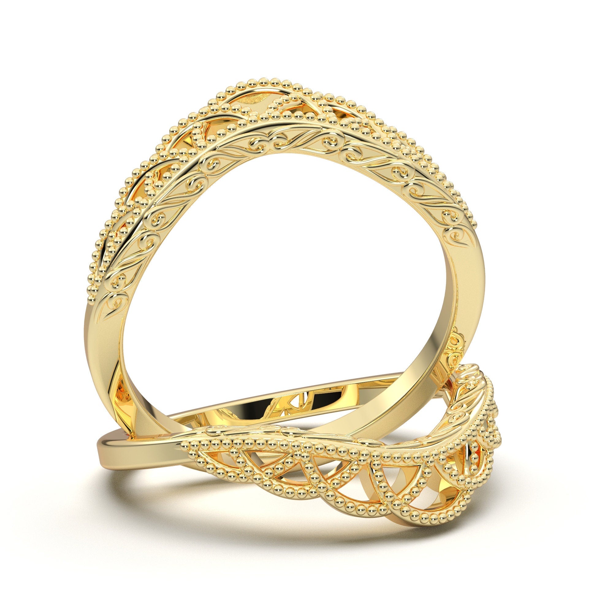 Vintage Style Engraved Wedding Band, V Pointed Wedding Ring, 14K White