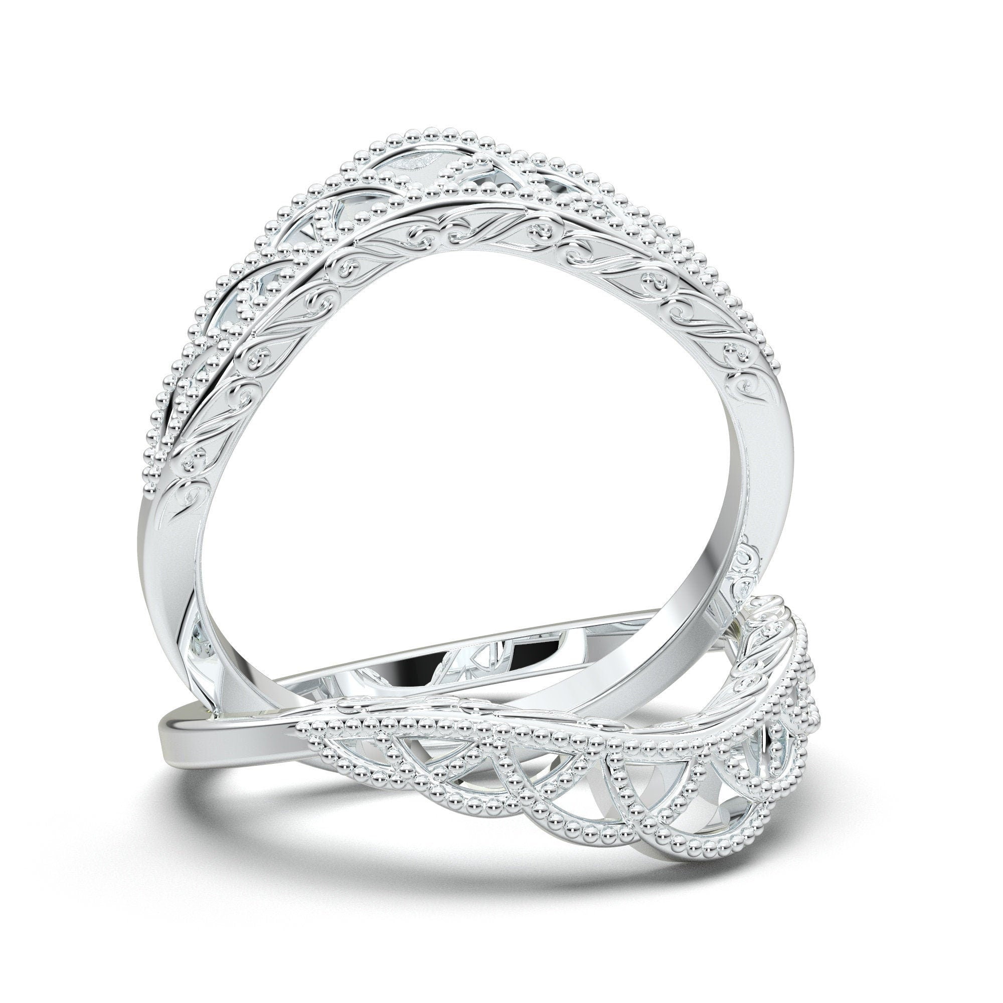 Vintage Style Engraved Wedding Band, V Pointed Wedding Ring, 14K White