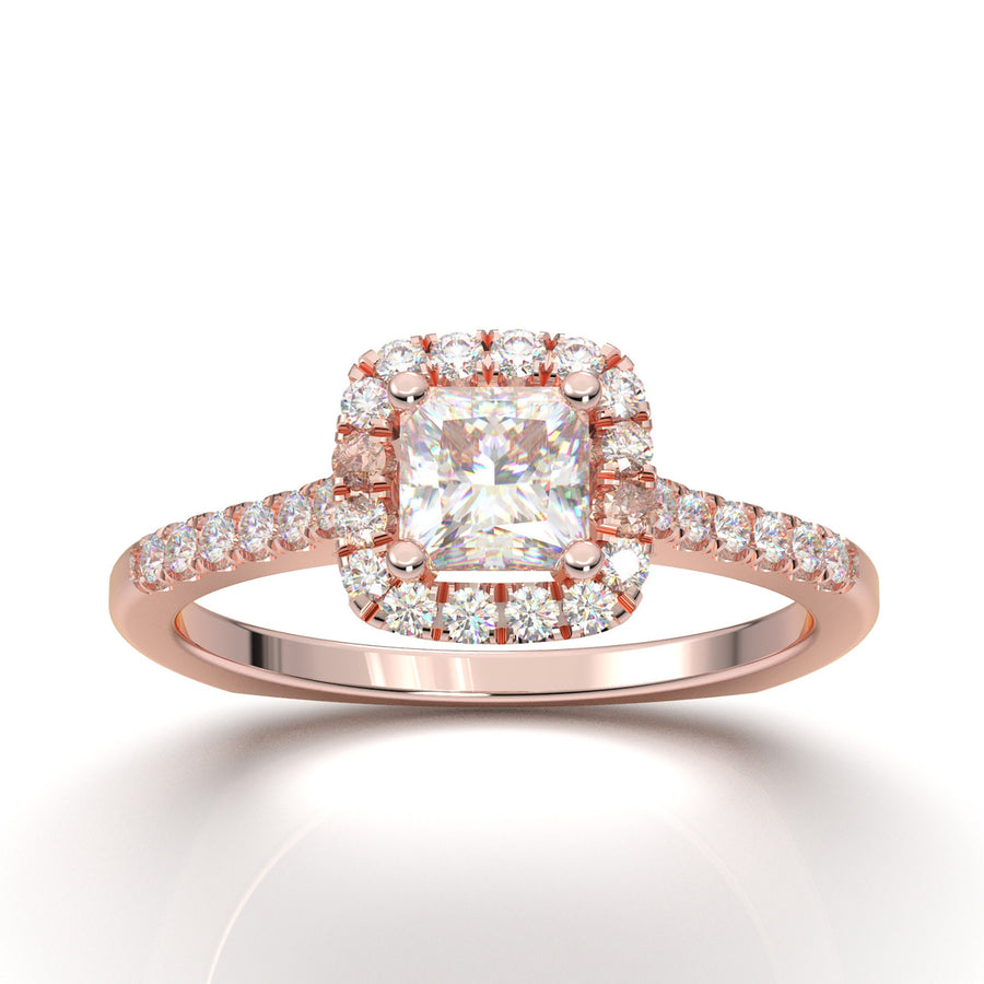 Princess Cut Diamond Ring, Princess Cut Engagement Ring, Moissanite Wedding Ring, Halo Bridal Ring, Promise Ring, Rose Gold Anniversary Ring