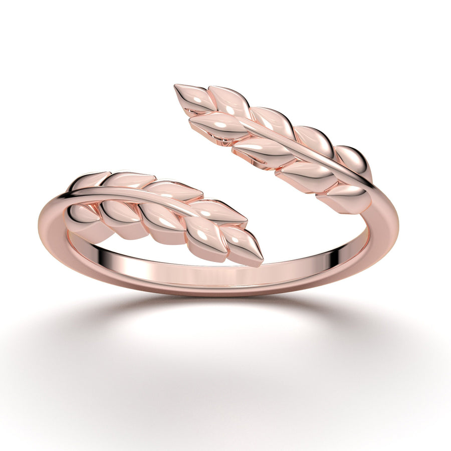 14k Solid Rose Gold Leaf Ring, Minimalist Vine Band, Dainty Gold Ring, 14K Solid Gold Vine Band, Leaf Design Gold Ring, Curved Art Deco Band