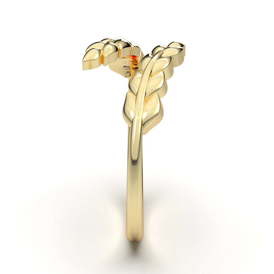 14k Solid Gold Leaf Ring, Minimalist Vine Band, Dainty Gold Ring, 14K Yellow Gold Vine Band, Leaf Design Gold Ring Curved Art Deco Band