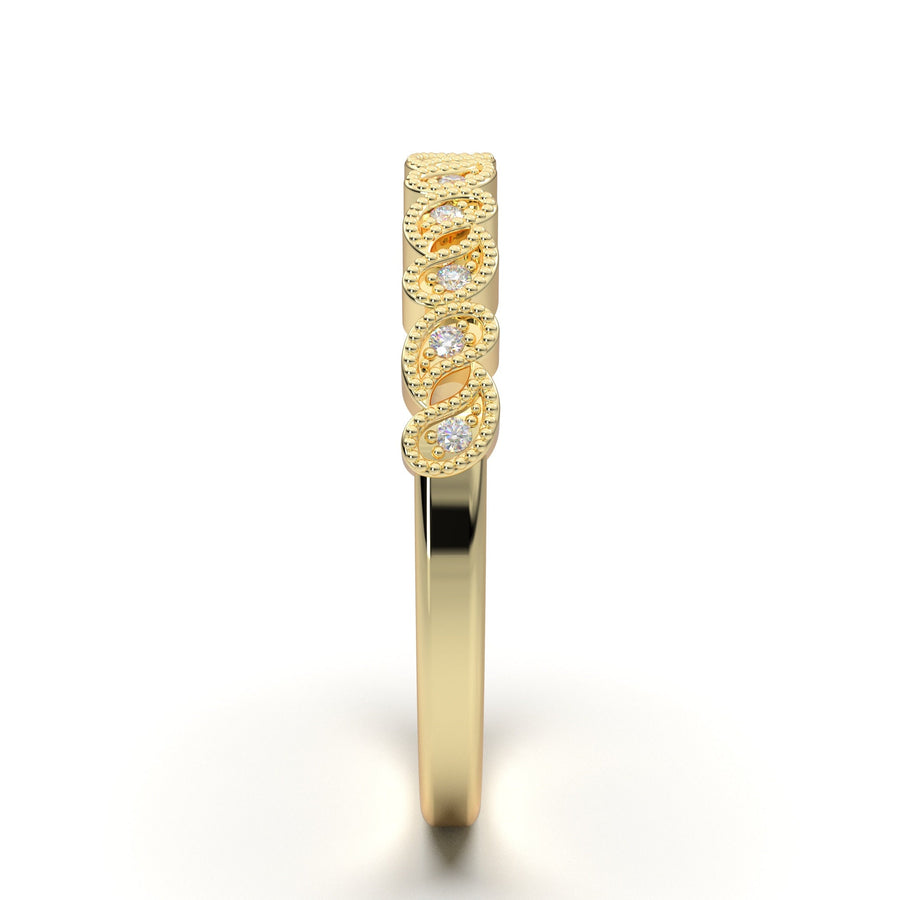 Art Deco Wedding Band, 14K Solid Gold Vintage Ring, Half Eternity Diamond Band, Floral Milgrain Ring, Bridal Band, Matching Anniversary Ring