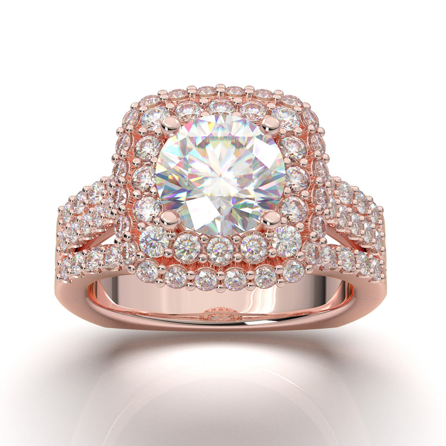 1.5 Carat Halo Engagement Ring, Round Cut Moissanite Ring, 14K Rose Gold Statement Ring, Promise Diamond Ring Classic Timeless Wedding Ring