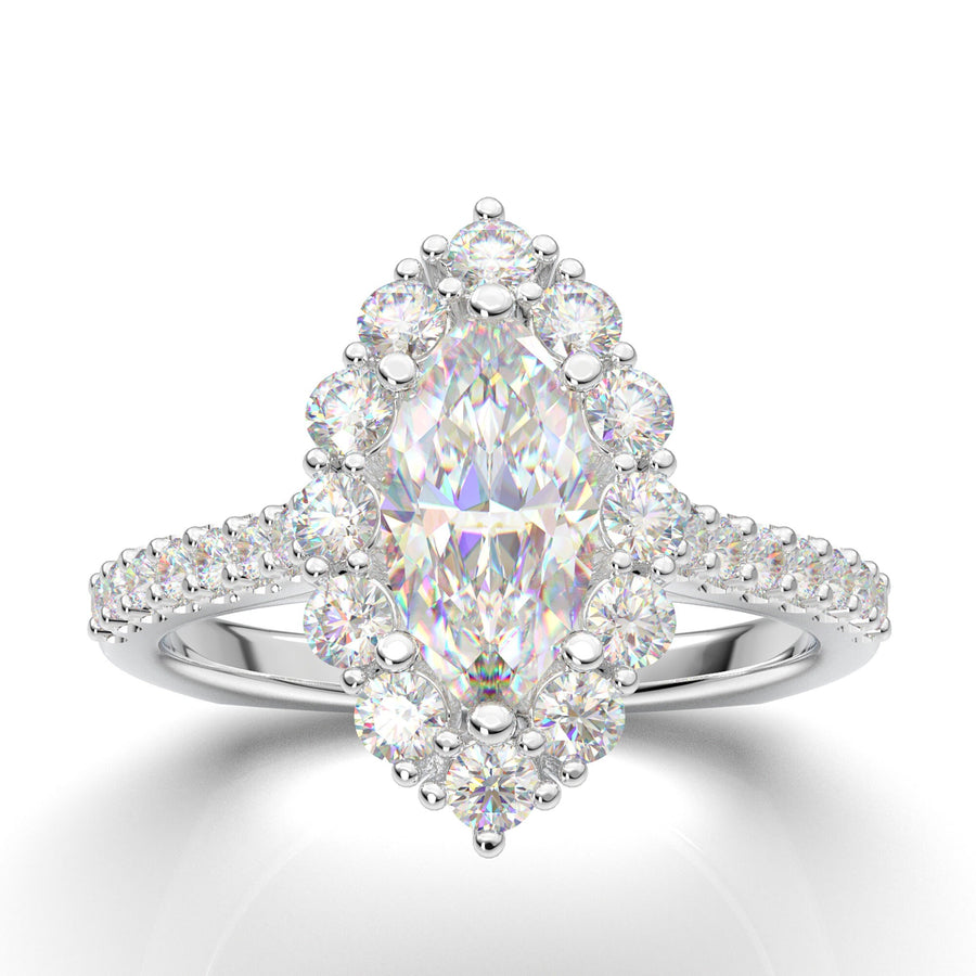 Marquise Cut Engagement Ring, 14K White Gold Moissanite Ring, Halo Wedding Ring, Art Deco Diamond Ring, Promise Ring, Statement Ring Women