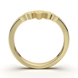 Tiara & Crown Dainty Wedding Band, V Curved Wedding Ring, Solid Gold Diamond Stacking Band, Art Deco Crown Ring, Milgrain Ring Enhancer Gift