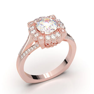 SALE - Flower Halo Engagement Ring - 14K Rose Gold Ring - Art Deco Wedding Ring - Halo Ring - Vintage Style Ring - Promise Ring - 1 Carat