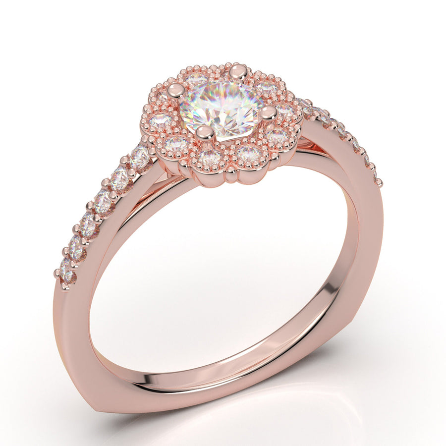 Vintage Floral Design Halo Engagement Ring, 14K Rose Gold Flower Ring, Art Deco Bridal Ring, Promise Anniversary Ring, Unique Gift for Her