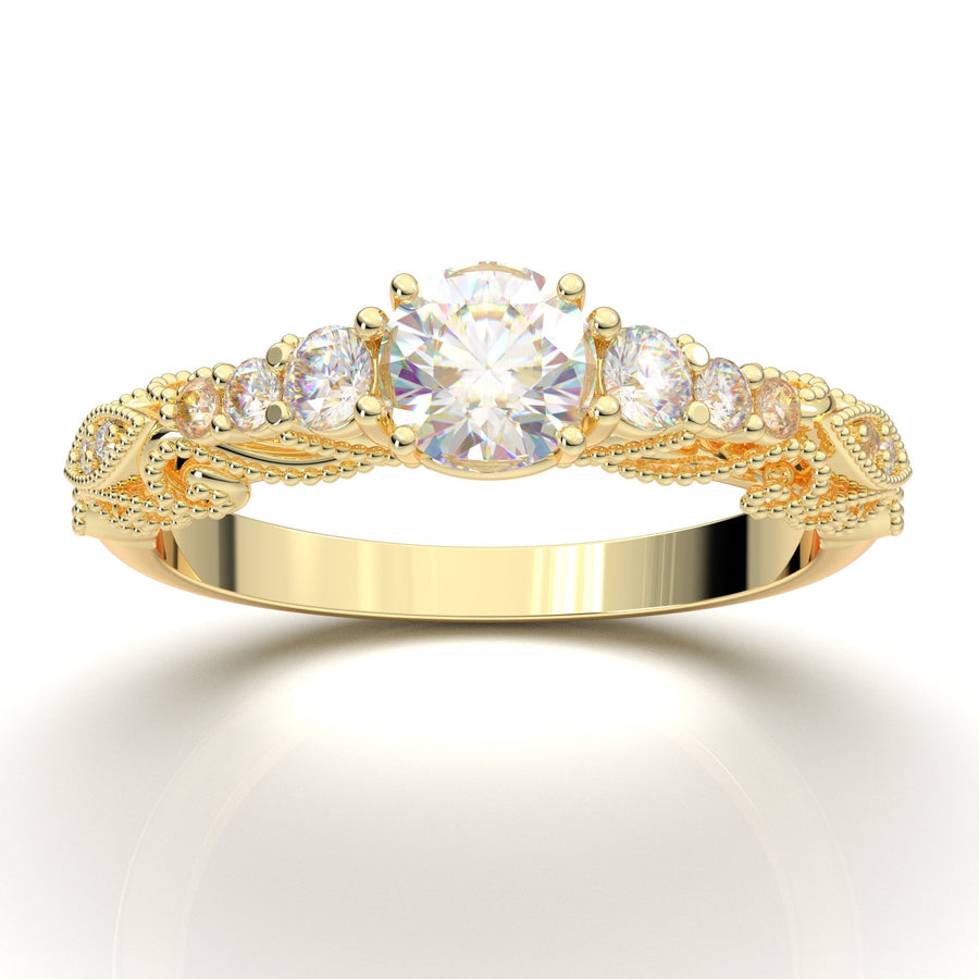 Three Stone Engagement Ring, Art Deco Bridal Ring, 14K Solid Gold Ring, Vintage Inspired Moissanite Ring, Promise Ring, Diamond Wedding Ring