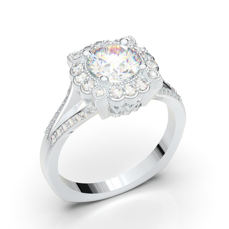 SALE - Flower Halo Engagement Ring - 14K White Gold Ring - Art Deco Wedding Ring - Halo Ring - Vintage Style Ring - Promise Ring - 1 Carat