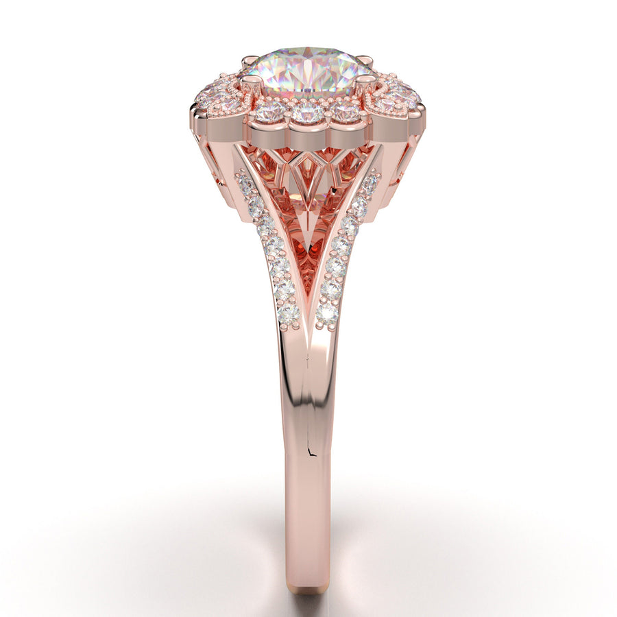 SALE - Flower Halo Engagement Ring - 14K Rose Gold Ring - Art Deco Wedding Ring - Halo Ring - Vintage Style Ring - Promise Ring - 1 Carat