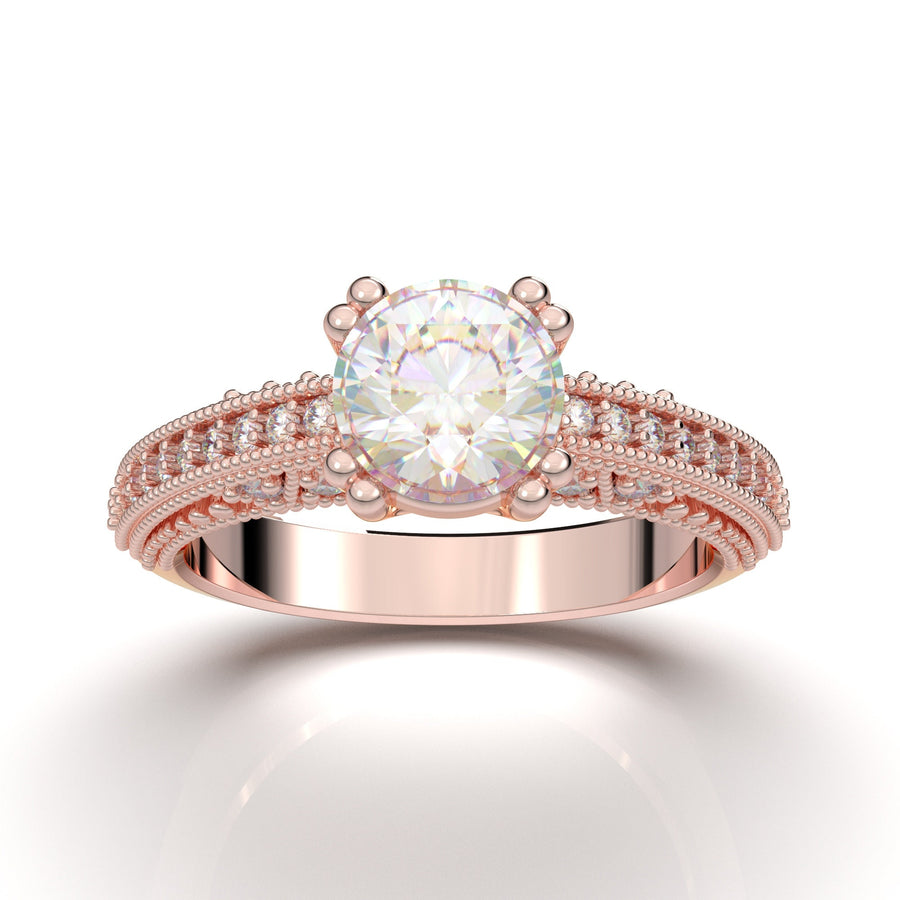 Art Deco Engagement Ring - Vintage Inspire Ring - Antique Style - Round Cut Diamond Ring - 1 Carat - 14K Rose Gold Ring - Milgrain Filigree