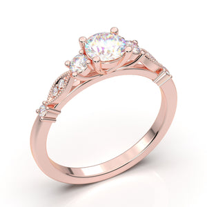 Art Deco Engagement Ring, Three Stone Wedding Ring, 14K Rose Gold Ring For Her, Vintage Inspired Milgrain Band, Anniversary Promise Ring