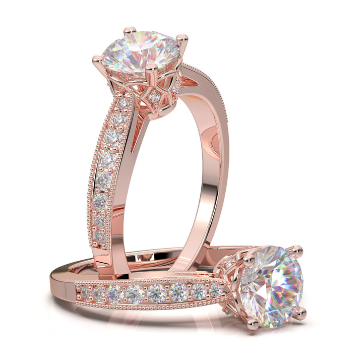 Art Deco Engagement Ring, 1.0 CT Round Cut Diamond Ring, Moissanite Milgrain Ring, 14K Rose Gold Daily Ring, Vintage Wedding Ring, Gift Her