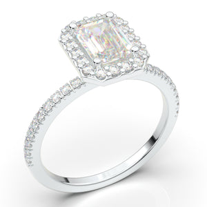 1.0 CT Emerald Cut Halo Engagement Ring, Moissanite Wedding Ring, Half Eternity Bridal Ring, Promise Ring, 14K White Gold Diamond Halo Ring